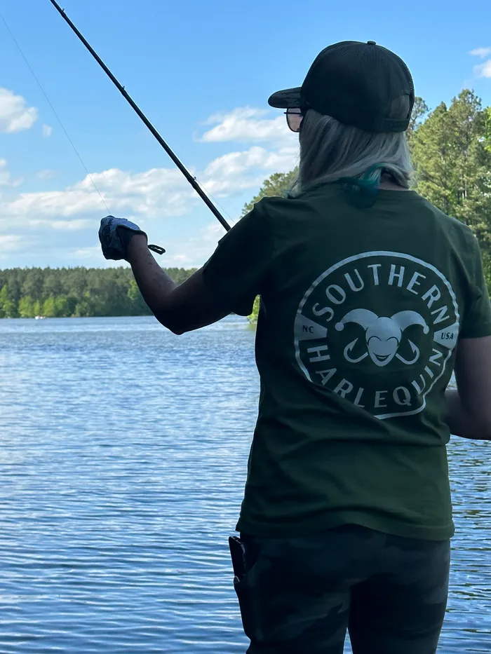 Casting into open water under a wide blue sky on an NC lake